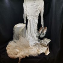 Wedding collection of 1930s satin wedding dress - 78cm bust some staining t/w original veil and