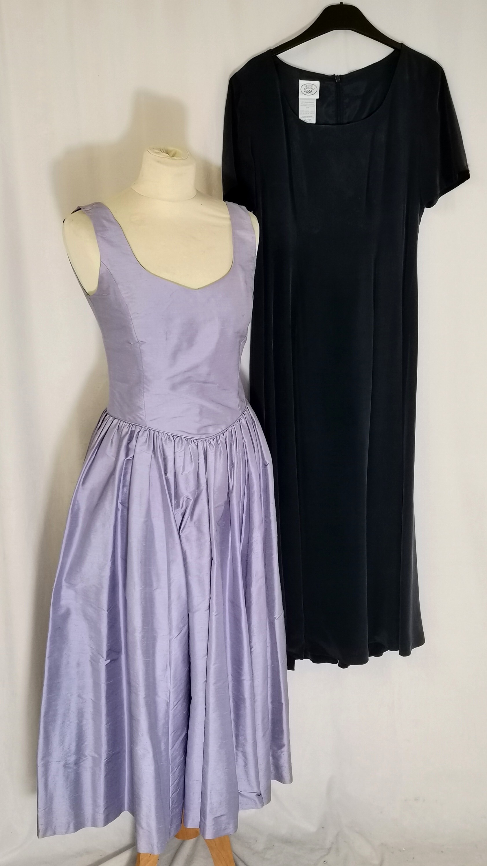 2 Vintage silk Laura Ashley dresses, lilac sleeveless size 10 & navy short sleeved is size 14 with