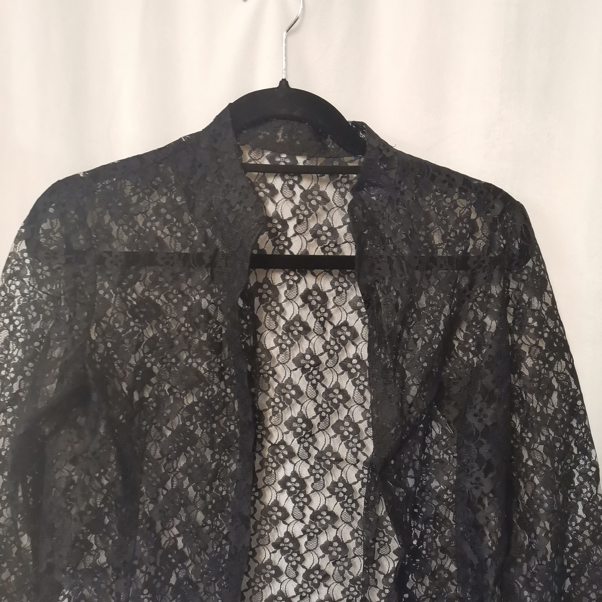 3 Black lace garments lace jacket 86cm bust, tiered skirt waist 74cm and cobweb lace skirt with - Image 2 of 2