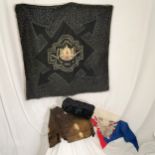 Large piece of Indian silk fabric with goldwork t/w wall hanging, black fur muff and a flag - all in