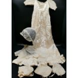 Satin baby gown t/w one lace bonnet, net and ribbon bodice, 2 silk satin bonnets, 1 embroidered with