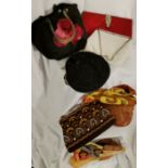 5 evening bags, 1 plastic box t/w pair of Philipino wooden sandals dated 1945 and a silk scarf