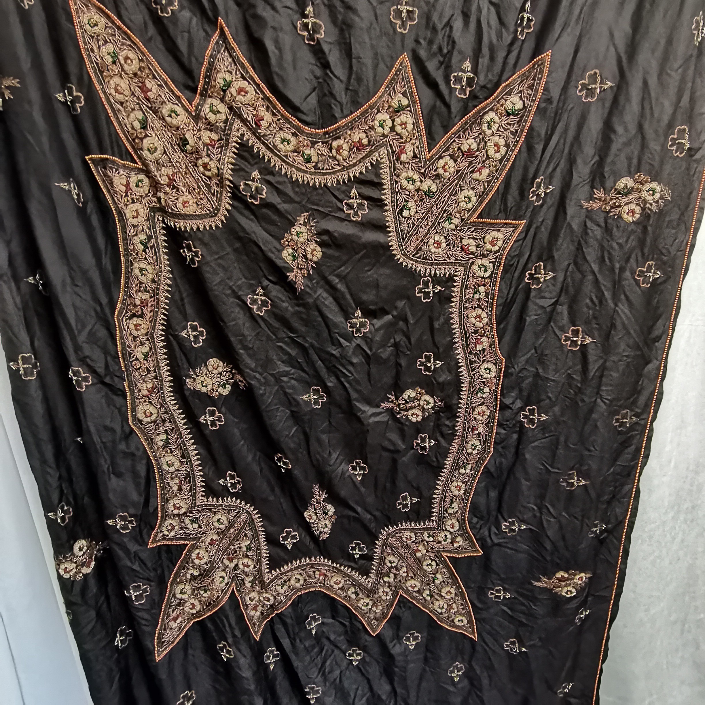 Indian black silk hanging embroidered with silver thread and beads and fringing at both ends, some - Image 3 of 3