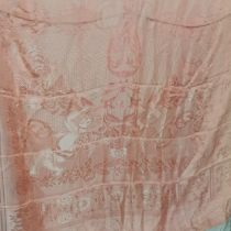 Pink satin 1930s double bed cover depicting cherubs and flowers - some staining - 194cm wide