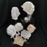 7 Antique bonnets, some with lace. All in used worn condition.