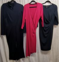 Vintage navy jumpsuit 92cm bust t/w pink jersey wrapover dress 82cm bust and a crepe navy dress 86cm