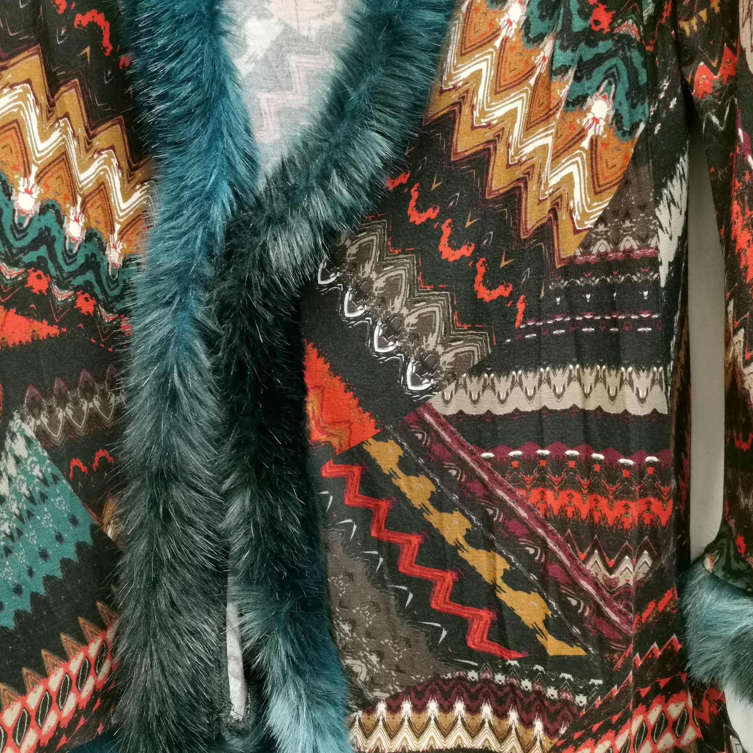 Vintage patterned unlined jacket with teal faux fur trim by James Lakeland t/w navy wool and denim - Image 4 of 5