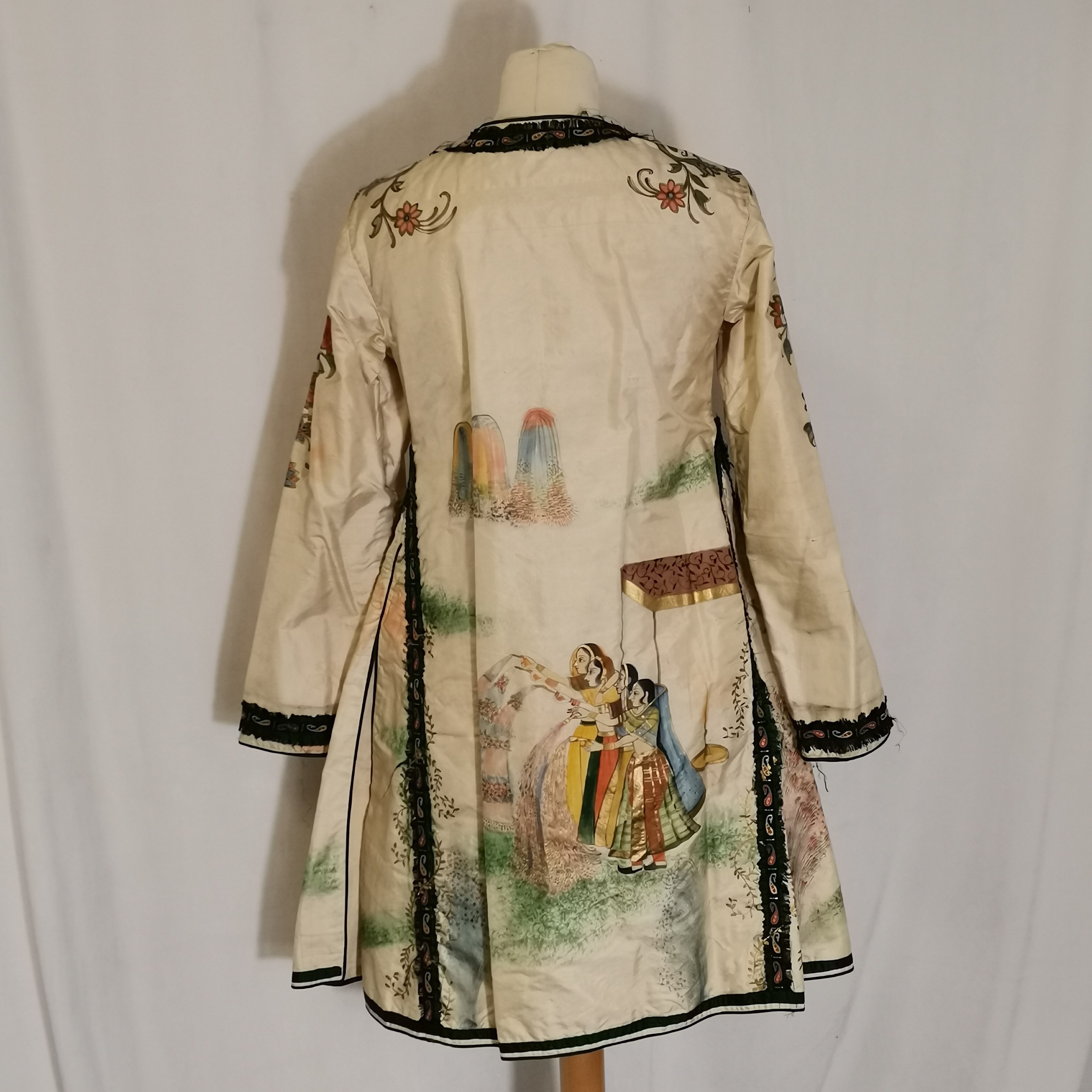 Indian cream silk dress coat with hand painted scenes 88cm bust - slight toning to the shoulders, - Image 4 of 13