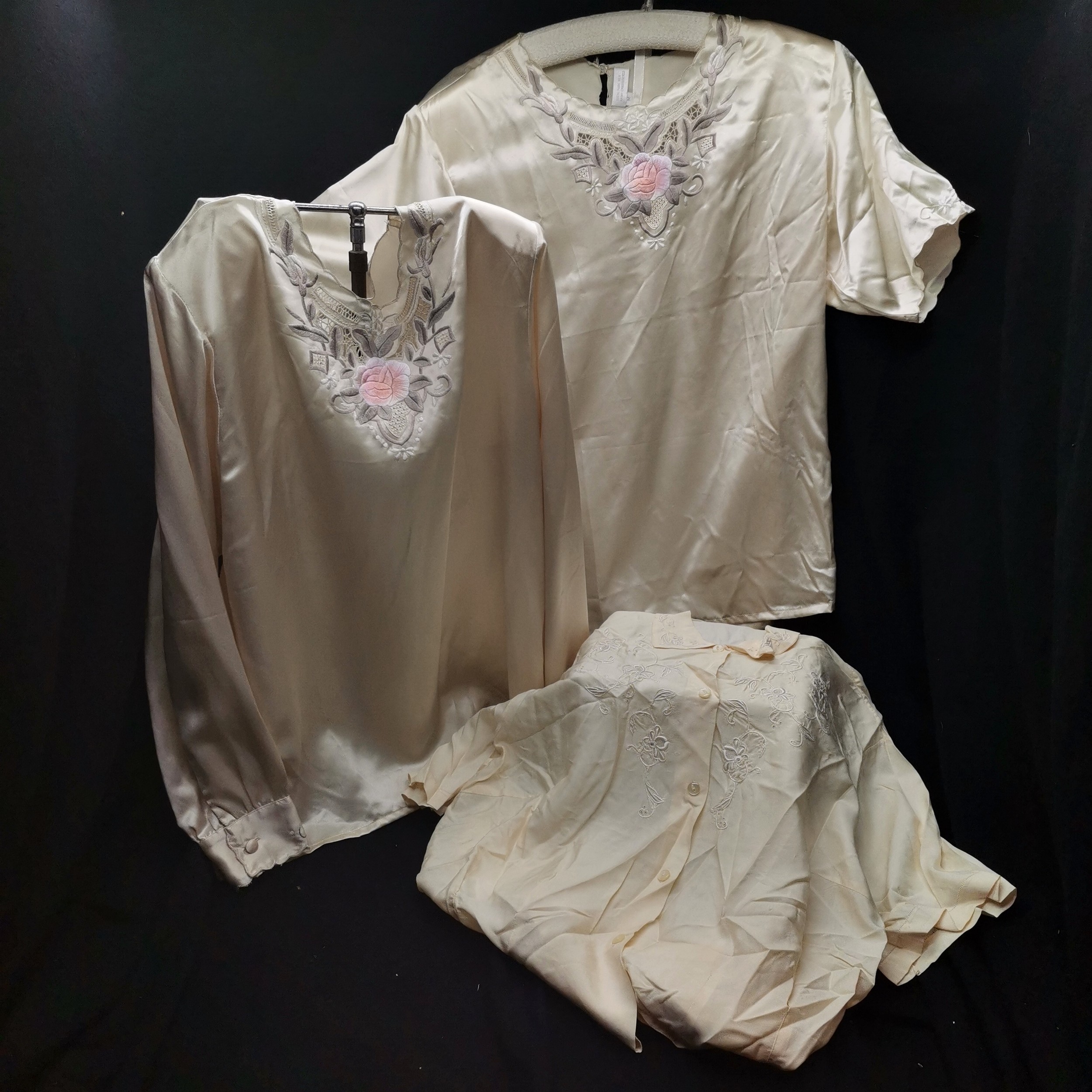 3 Silk hand embroidered 1970s Chinese blouses 2 short sleeved 1 long, all in unworn condition size