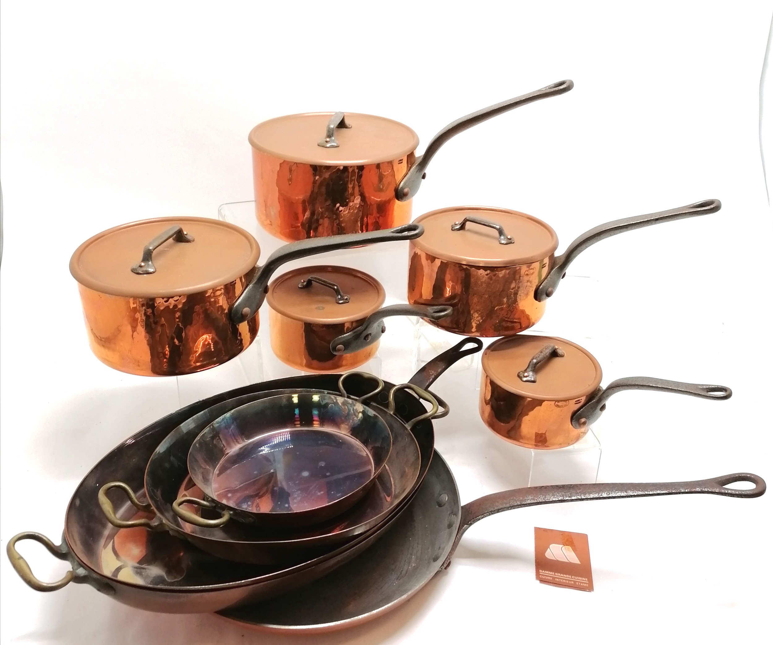 Mauviel villedieu 6 piece copper / iron cooking set inc large frying pan (31cm diameter) & 5