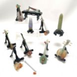 Set of 10 Oriental Chinese carved hardstone jade musical instruments with wooden stands in their