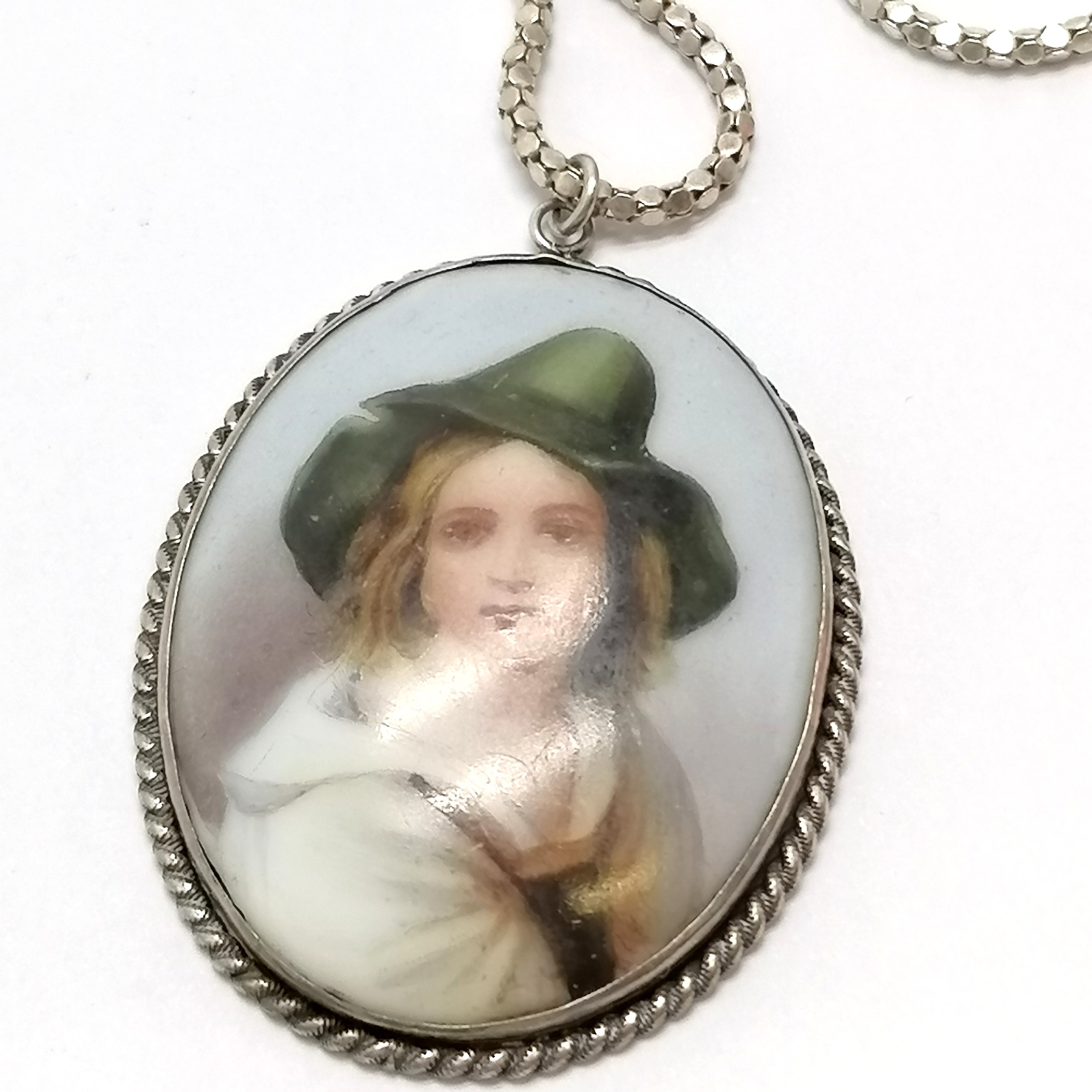 Antique unmarked silver mounted porcelain portrait panel pendant (5cm and chipped to the reverse) on - Image 3 of 3