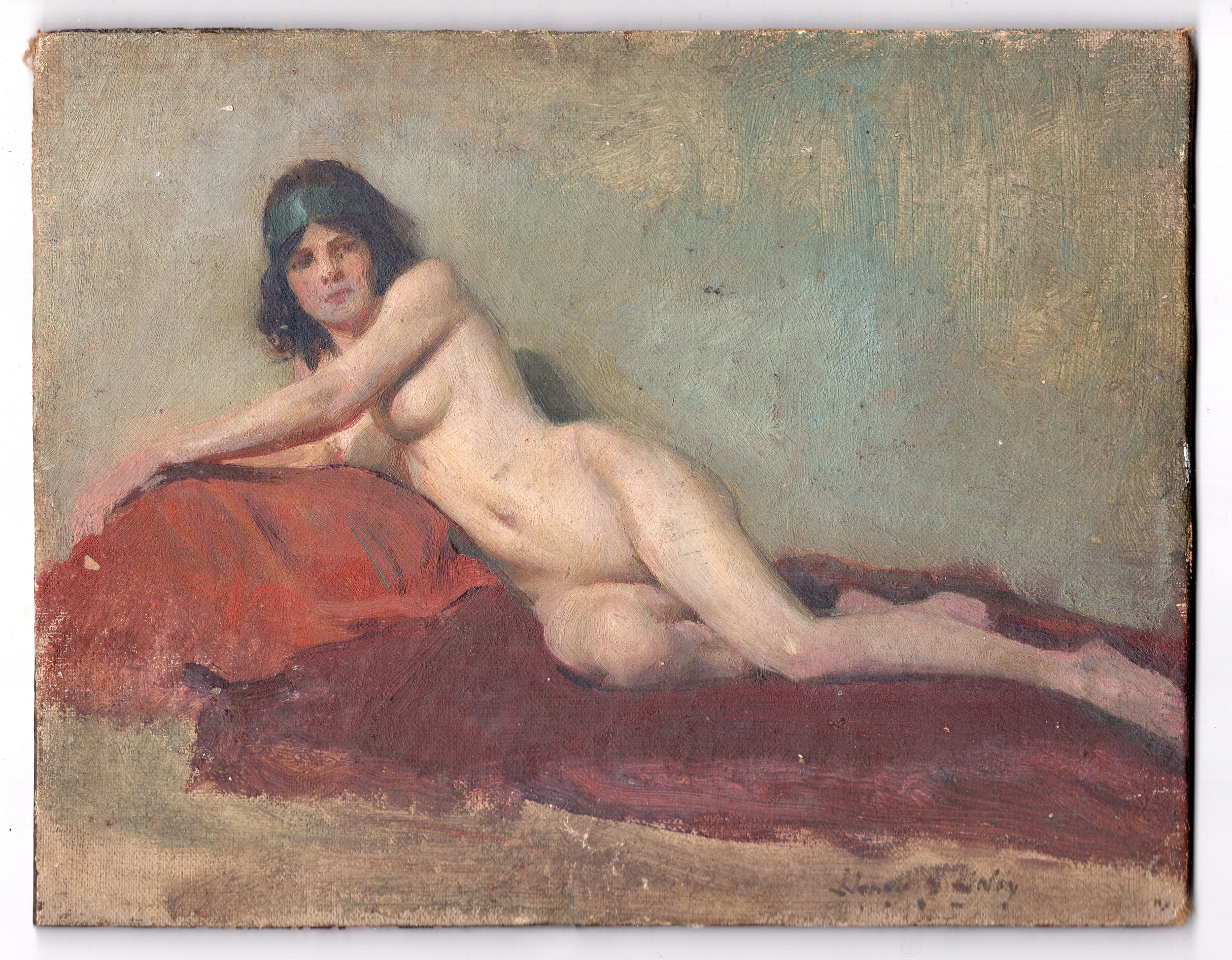 Henry James Haley (1874-1964) signed oil painting on board of a reclining nude lady - 18.8cm x 24.