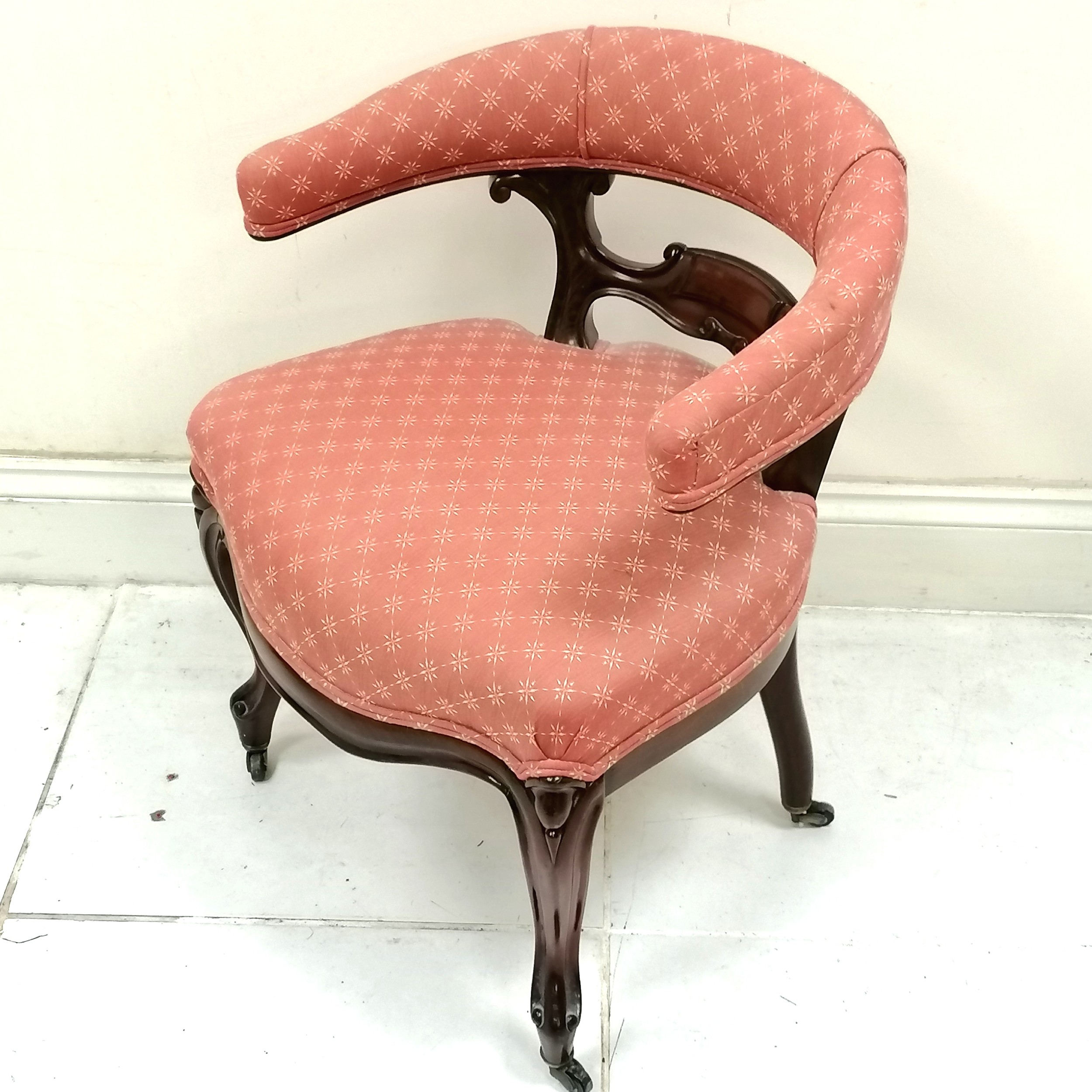 Victorian mahogany framed bow back side chair, with carved detail backrest, upholstered in a pink