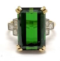 18ct marked gold large green tourmaline (approx 16mm long) & diamond ring - size N & 7.4g total