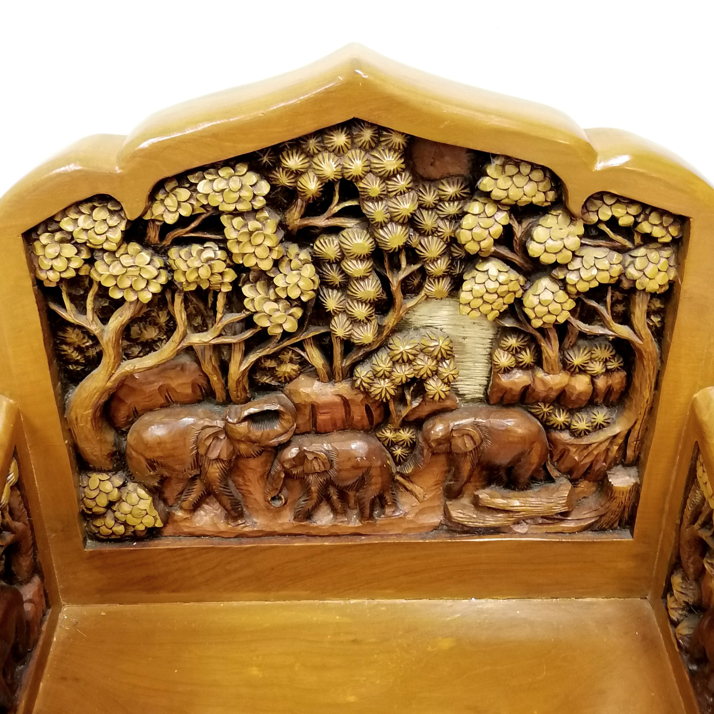 Indian heavily carved teak carver chair, decorated with elephants walking through a forest, 67 cm - Image 5 of 6