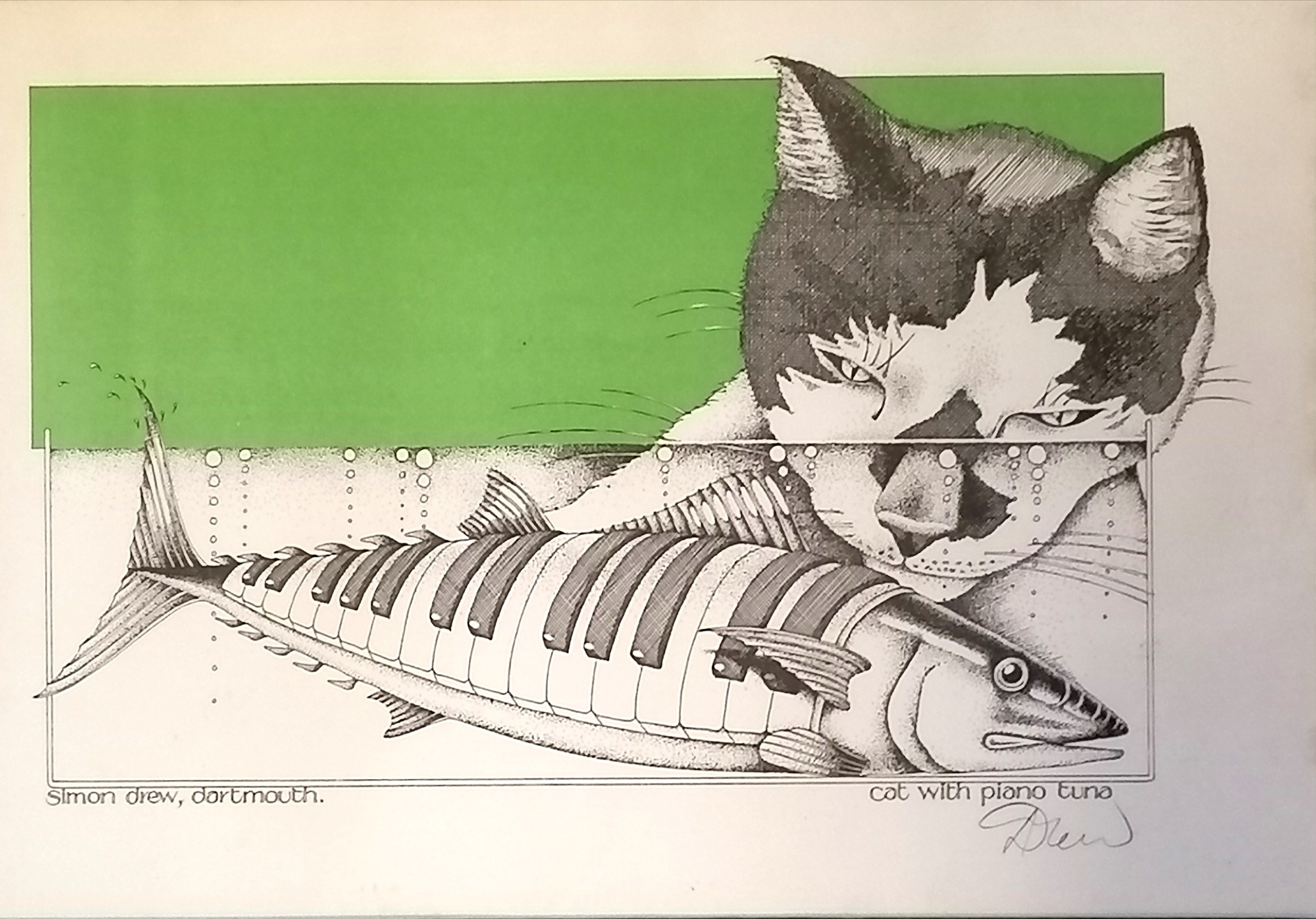 Simon Drew, Dartmouth hand signed print 'Cat With Piano Tuna' framed 50cm x 39cm