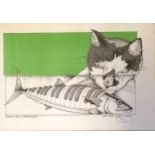 Simon Drew, Dartmouth hand signed print 'Cat With Piano Tuna' framed 50cm x 39cm