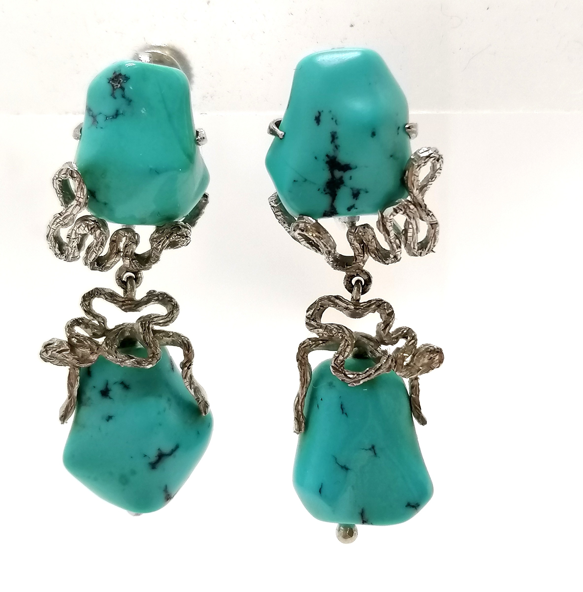 14ct marked white gold 1970's turquoise set screw back drop earrings - 4cm & 16.8g total weight