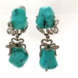 14ct marked white gold 1970's turquoise set screw back drop earrings - 4cm & 16.8g total weight