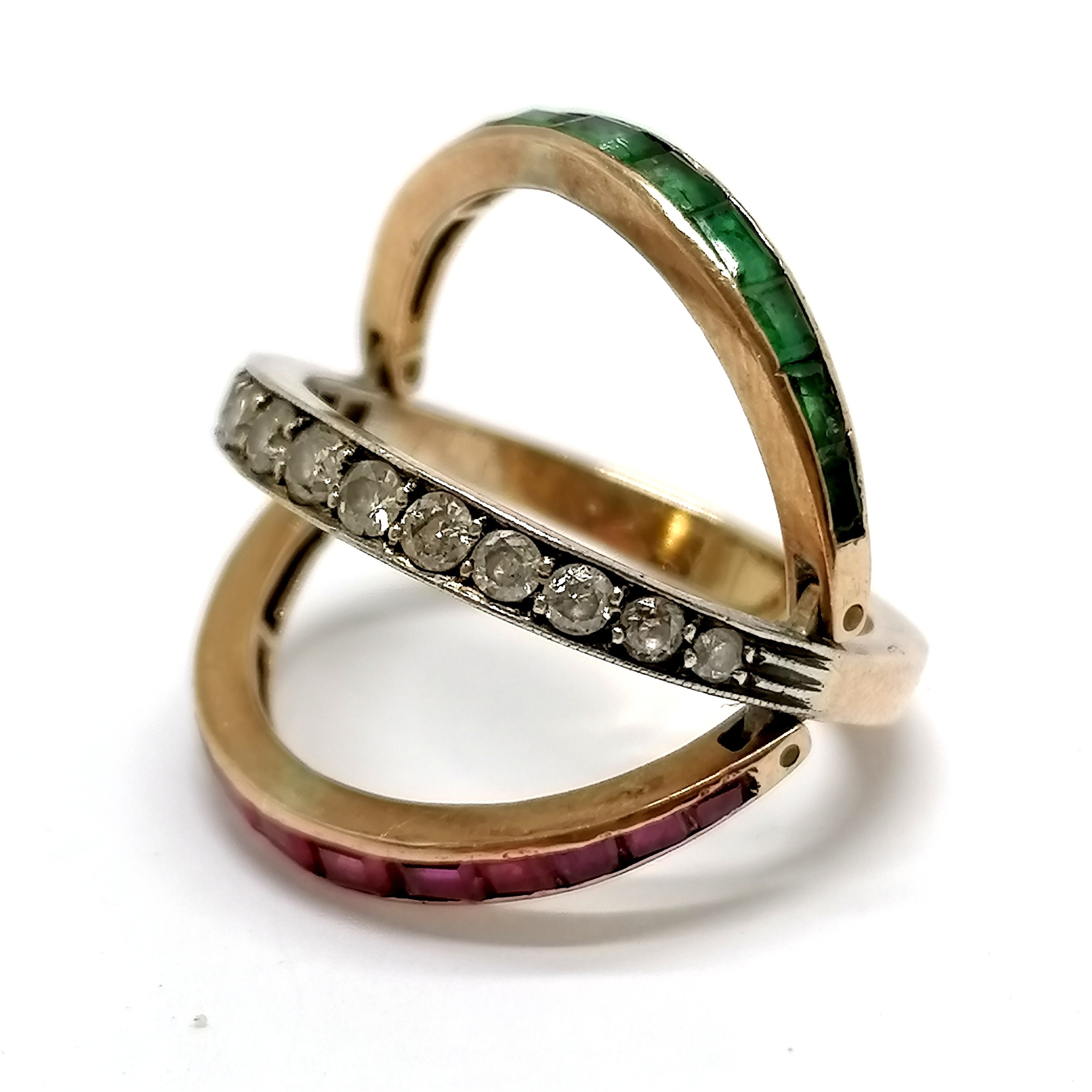 Unmarked gold reversible / flip over ring channel set with diamond / ruby / emerald - size R½ & 5.3g - Image 4 of 4