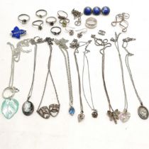Qty of silver jewellery inc 10 x pendants on chains, 8 x silver rings (3 unmarked), earrings,