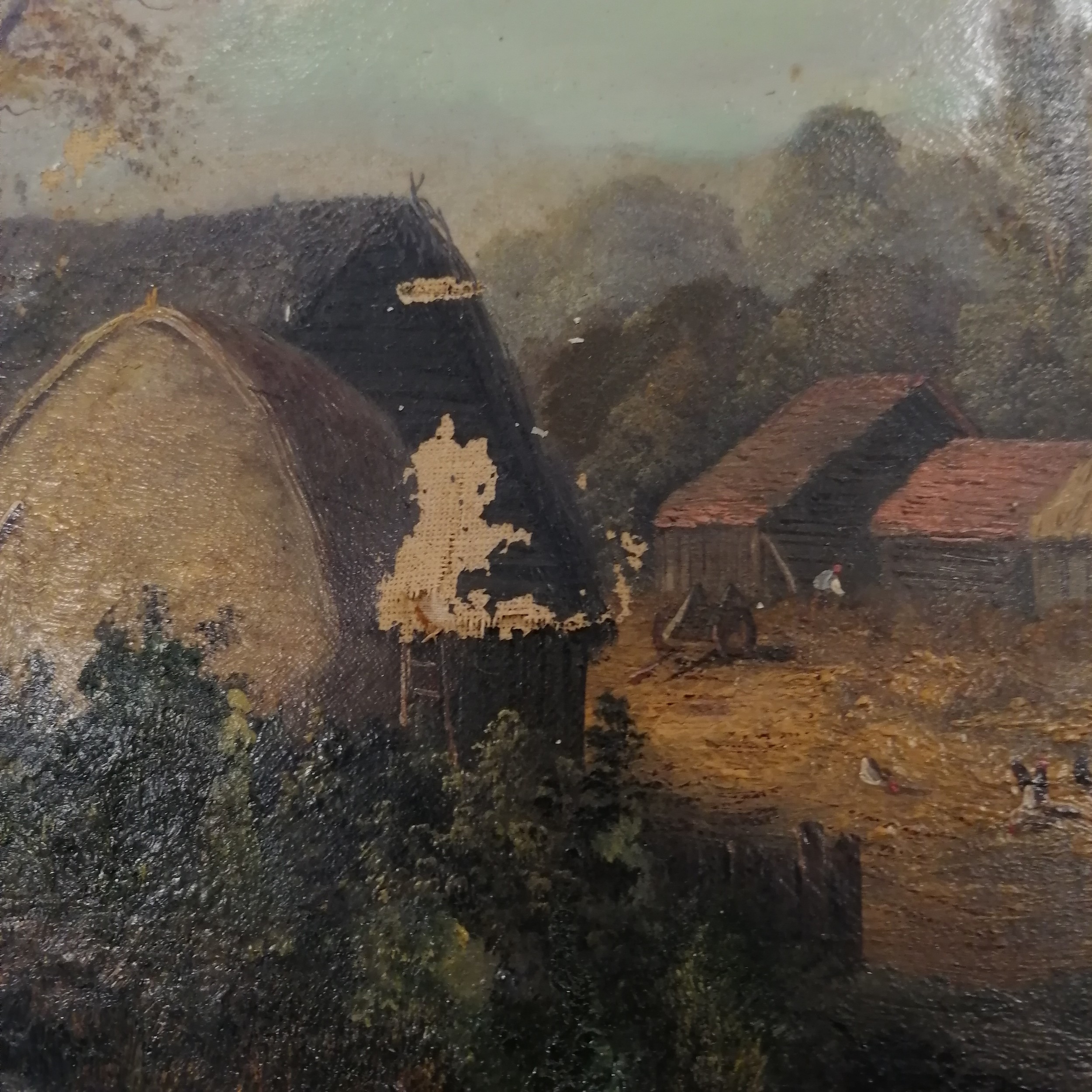 Oil on canvas of cottages in the woods unsigned, framed 88cm x 62cm - has damage - Image 2 of 2
