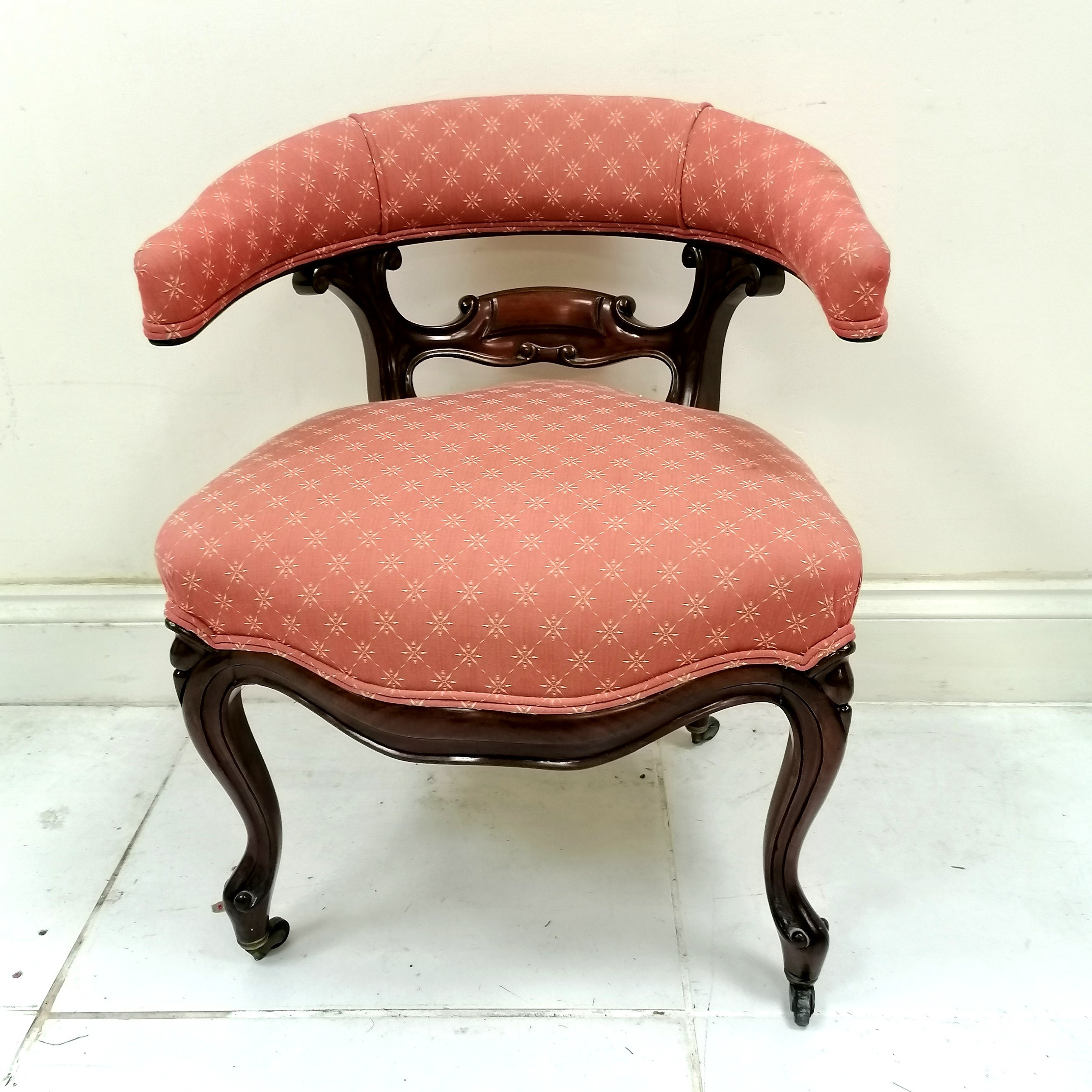 Victorian mahogany framed bow back side chair, with carved detail backrest, upholstered in a pink - Image 2 of 3