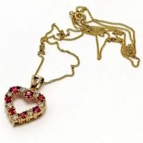 9ct hallmarked gold red & white stone heart pendant on 9ct marked gold 44cm chain - 2.1g total