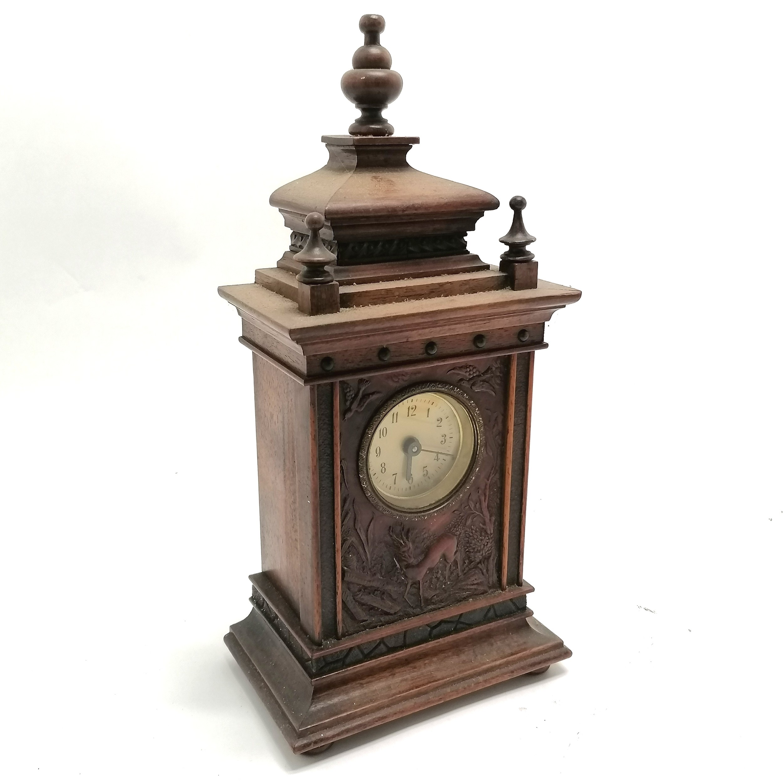 Black forest hand carved wooden clock with front panel decorated with deer & birds - 29cm high x - Image 3 of 4