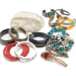 Qty of jewellery inc 3 x silver bangles (2 unmarked) inc amethyst set, plastics bangles , hair