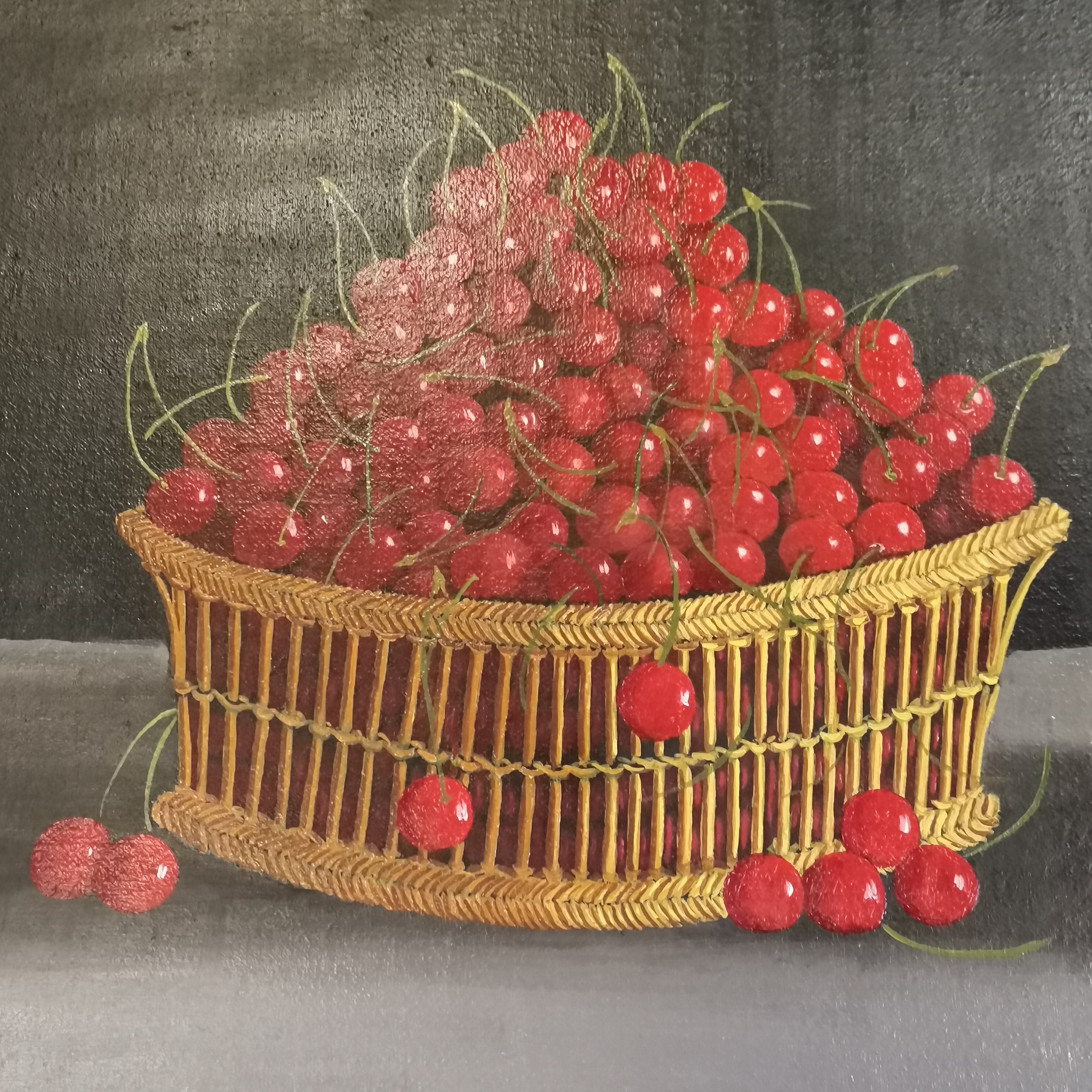 Wenzy- Loder 05 French Oil on canvas still life study of a basket of cherries, vase of tulips & a - Image 4 of 6