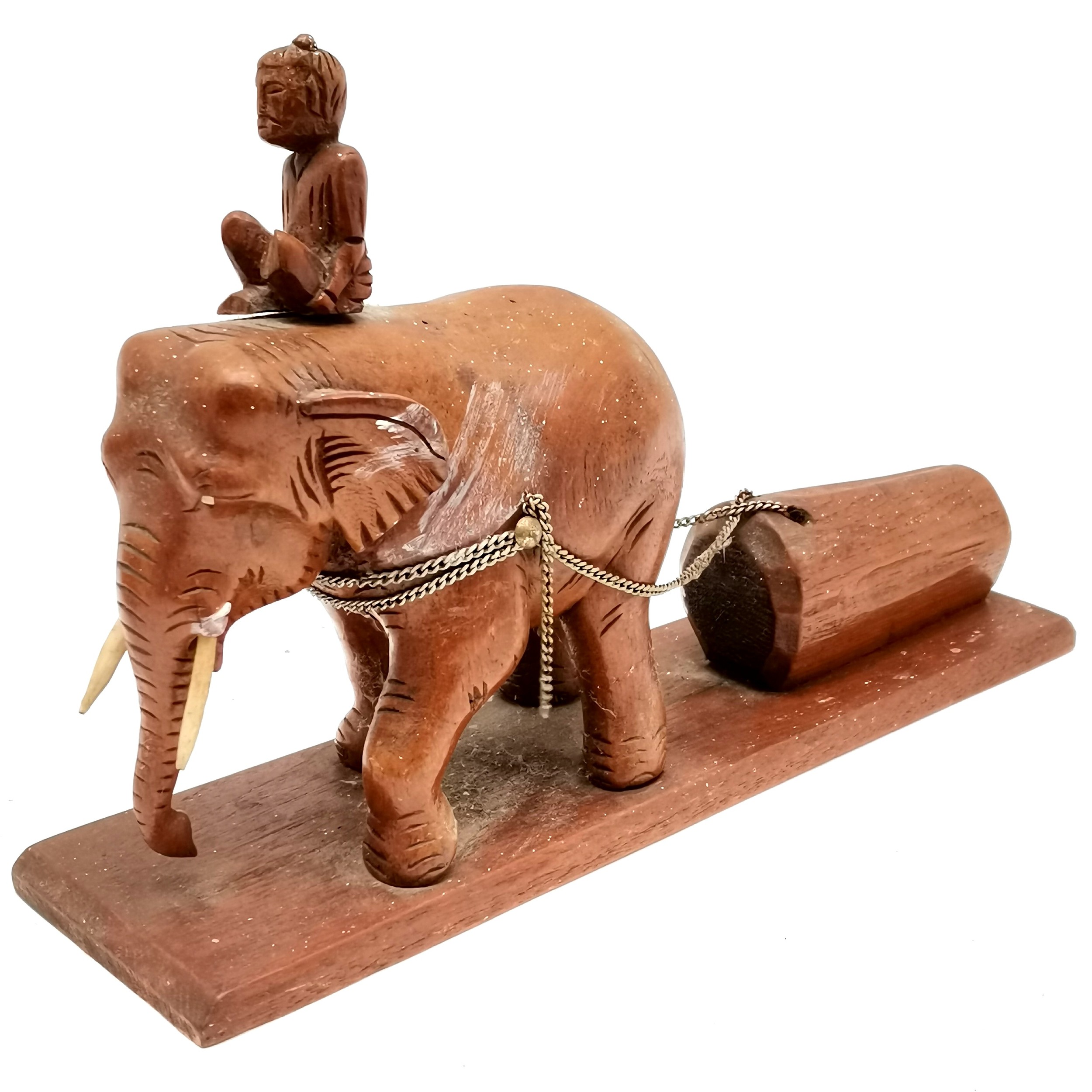 Hand carved teak hinged lidded box depicting elephant dragging log t/w carved model of elephant - Image 3 of 5