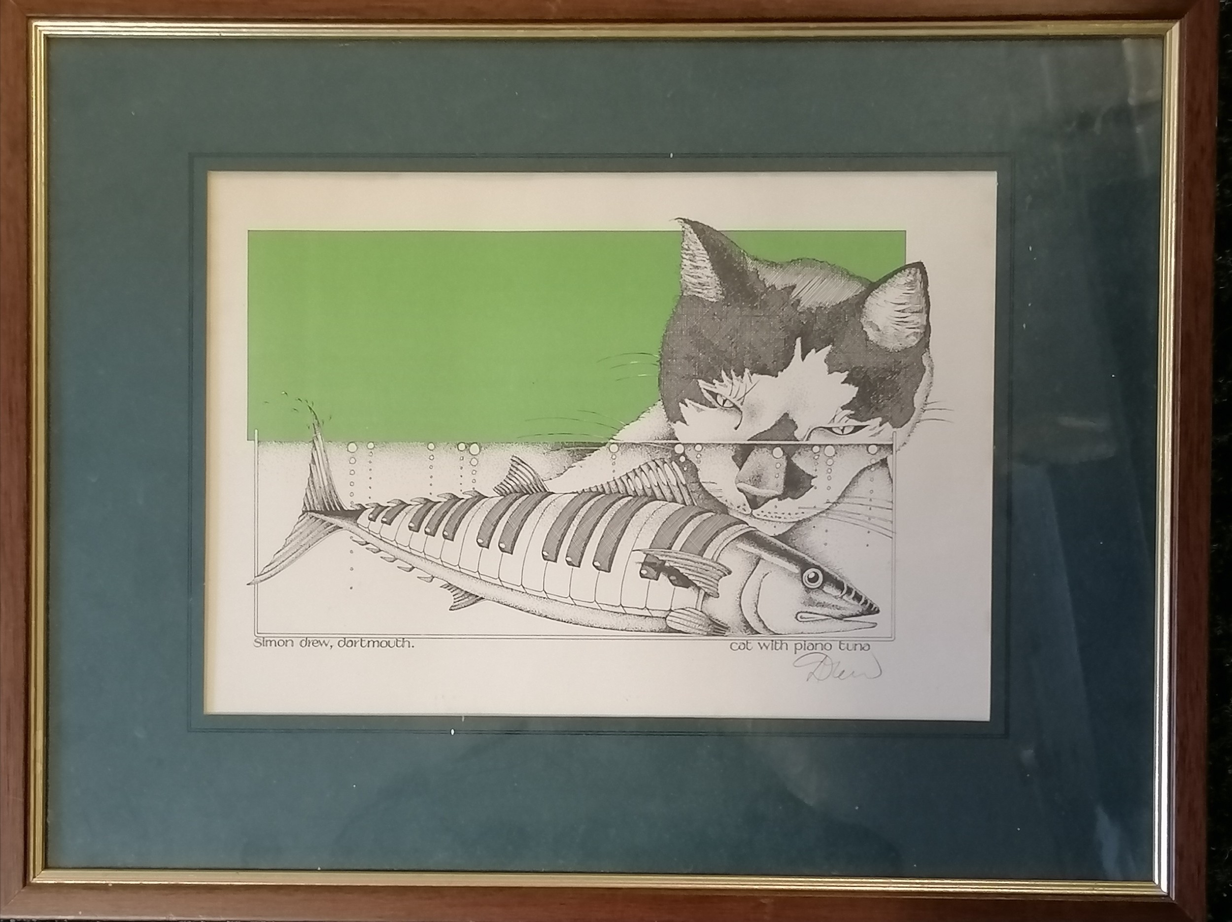 Simon Drew, Dartmouth hand signed print 'Cat With Piano Tuna' framed 50cm x 39cm - Image 3 of 3