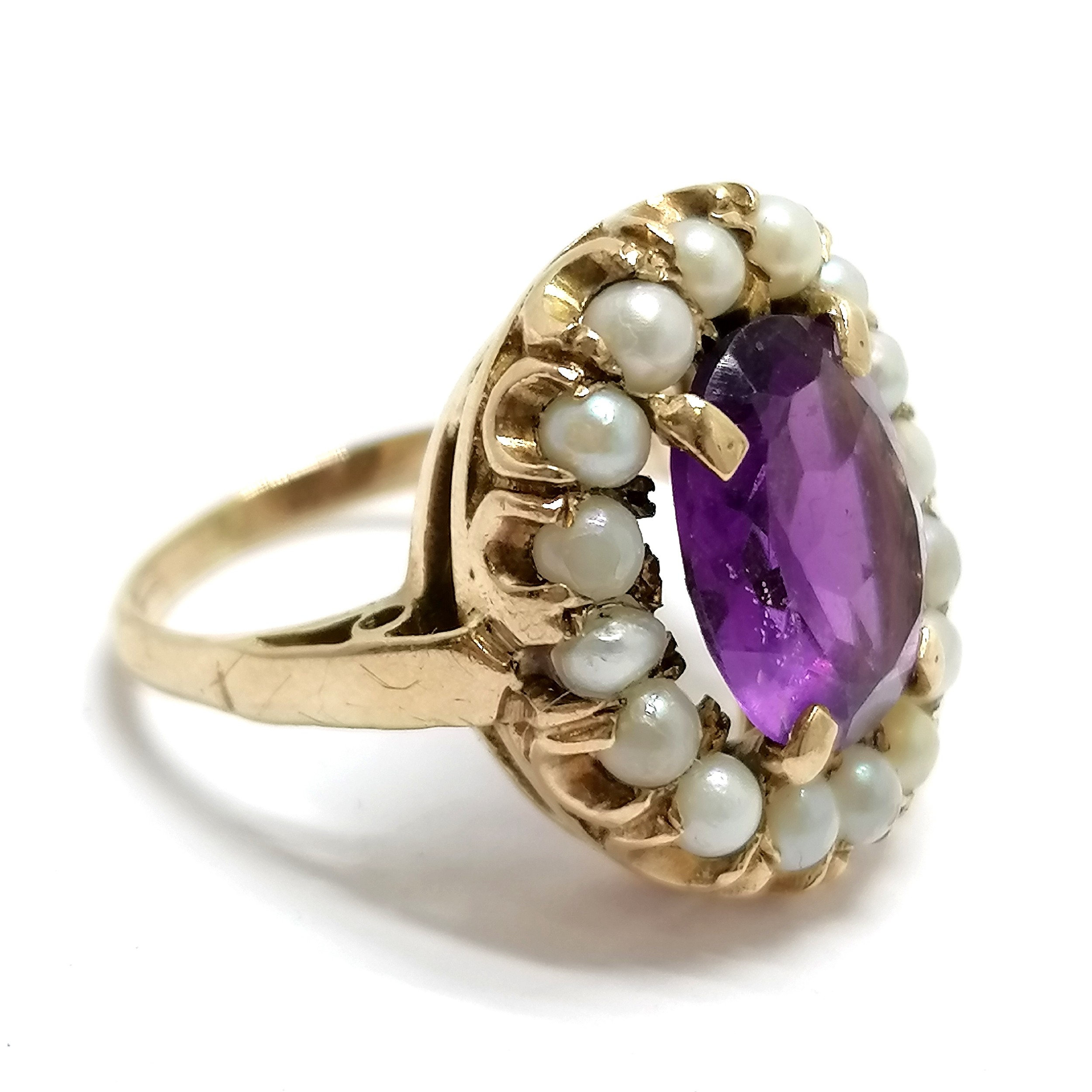 9ct hallmarked gold amethyst / pearl cluster ring - size J½ & 5.2g total weight ~ 1 pearl replaced & - Bild 2 aus 3