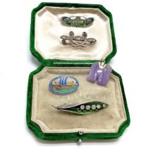 4 x silver brooches (3 enamel inc Norne viking ship) t/w hand carved lavender jade elephant