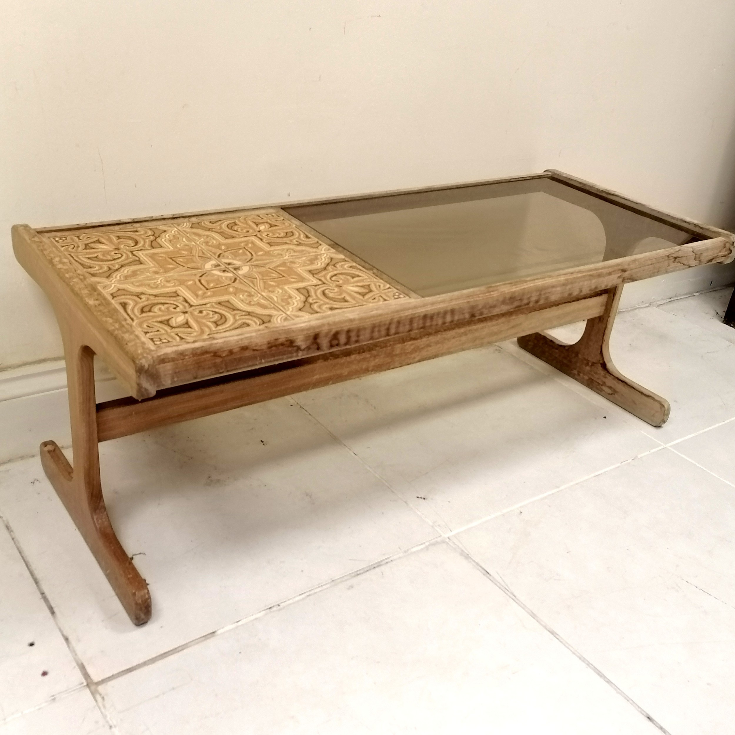 G-Plan Mid Century Teak coffe table inset with smoked glass panel and a tiled panel, Water marked,