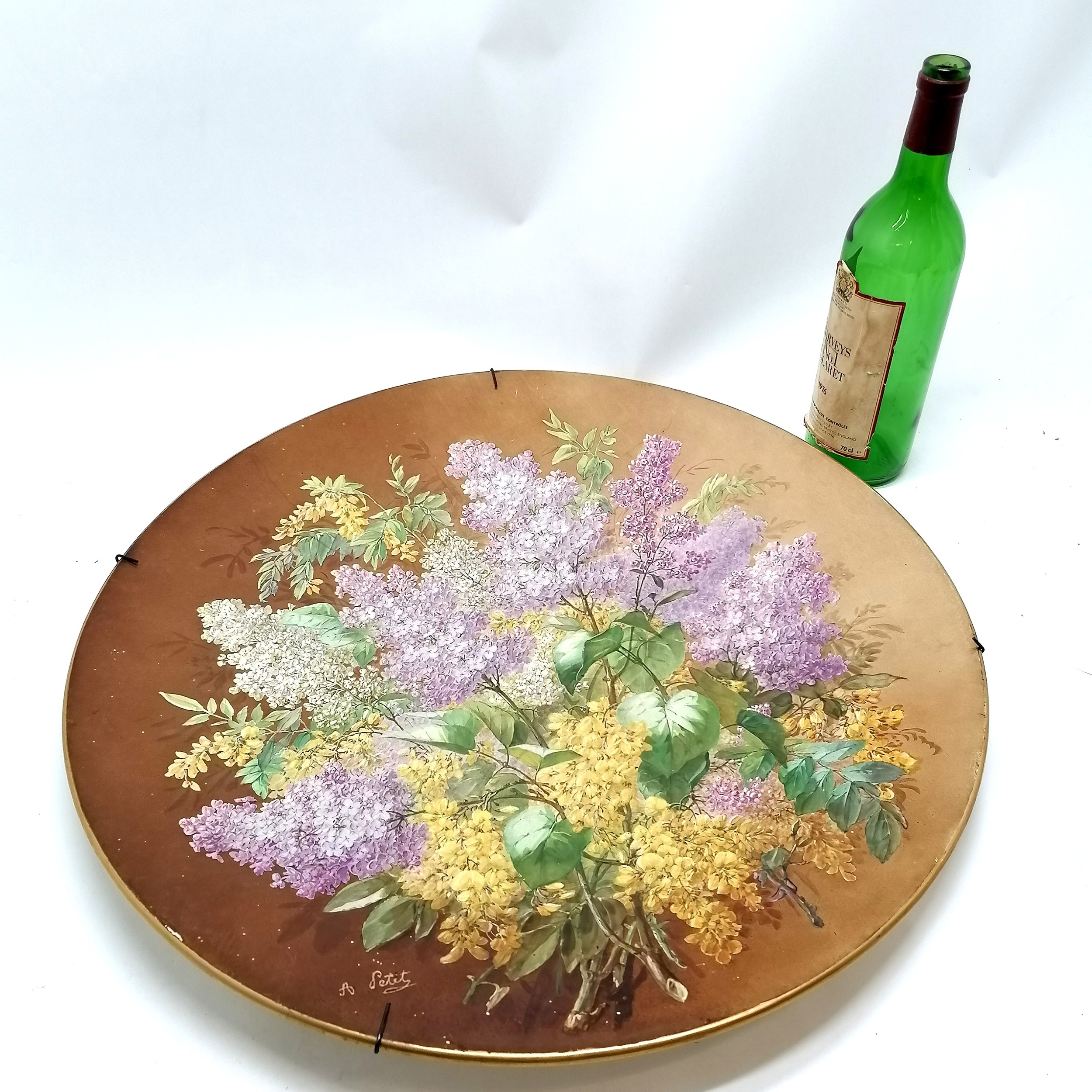 Antique large pottery signed charger depicting flowers - 51cm diameter ~ slight loss to paint detail - Image 2 of 6