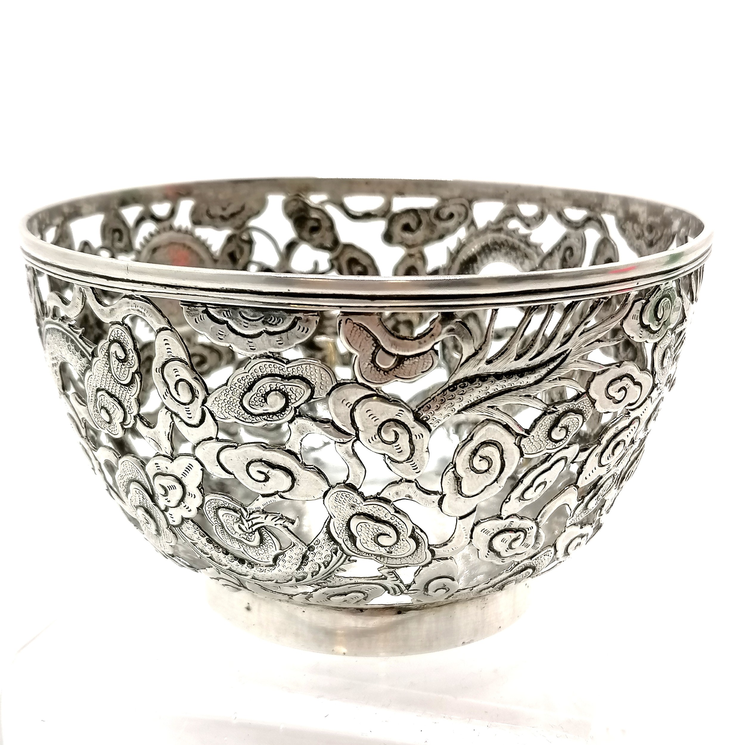 Chinese antique silver bowl with pierced decoration depicting 2 dragons & flaming pearl cartouche by - Image 5 of 6
