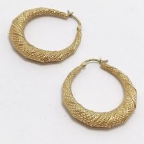 Pair of 9ct hallmarked gold large hoop earrings with twist design - 3.5cm drop & 3.1g - SOLD ON