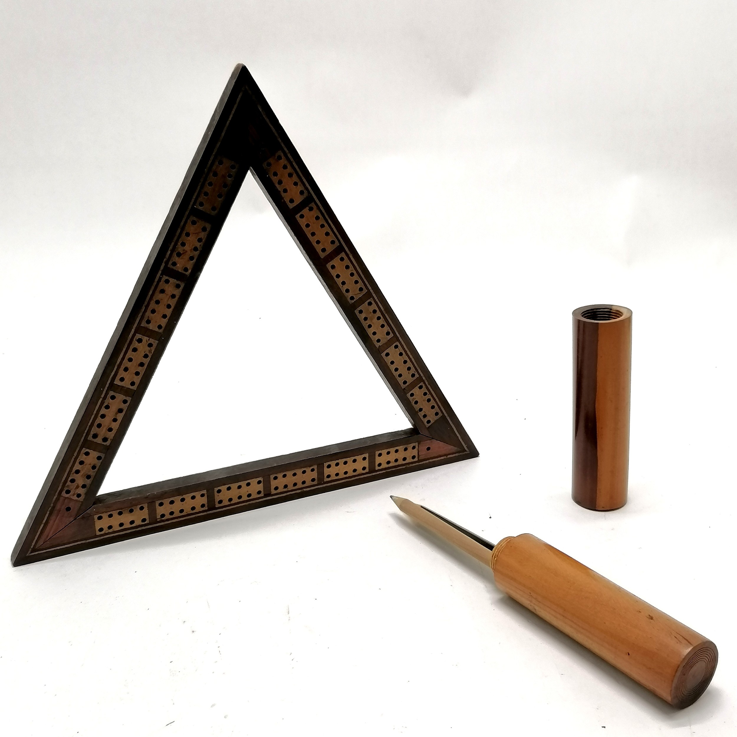 Antique triangular cribbage board with parquetry detail - 27.5cm across t/w turned wooden pencil box - Image 3 of 3