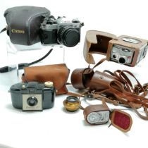 Qty of cameras inc Canon AE-1, brownie & movie camera (case a/f) + antique brass lens
