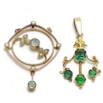 2 x antique unmarked gold pendants - green stone is 3.5cm drop (slight losses to the smaller stones)