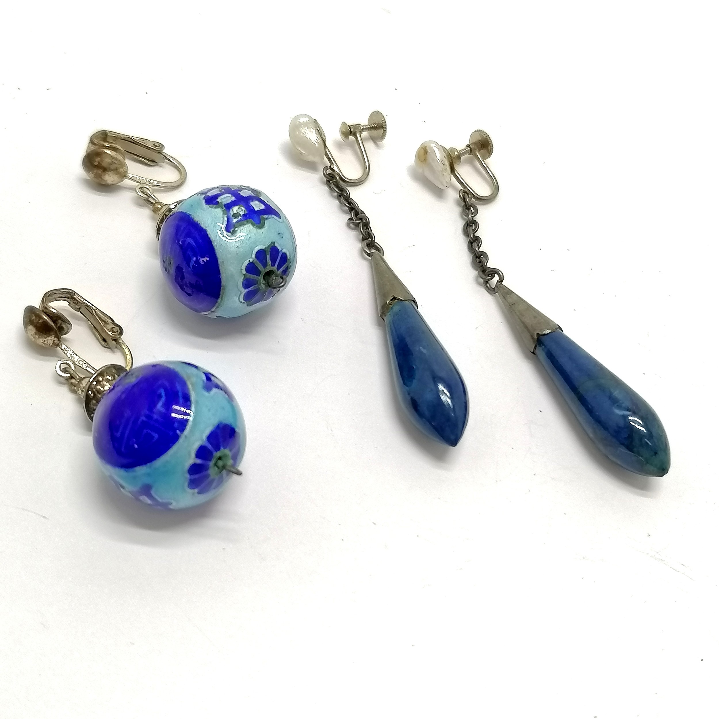 Antique 14ct marked white gold lapis pendant drop earrings with natural pearl detail (6cm drop & 8.