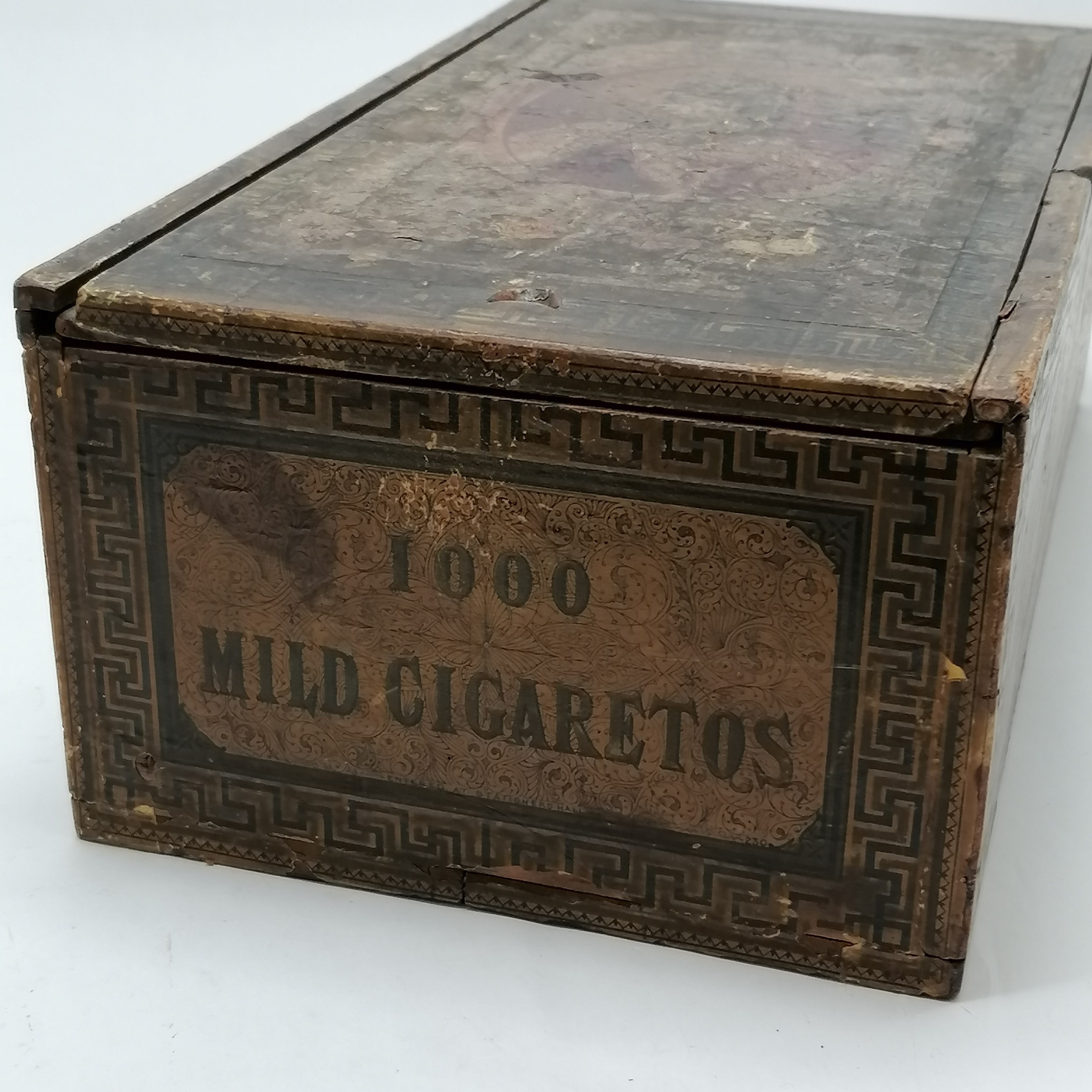 Antique Cope Bros 1000 cigarettes wooden advertising box with sliding lid & greek key detail - - Image 4 of 6