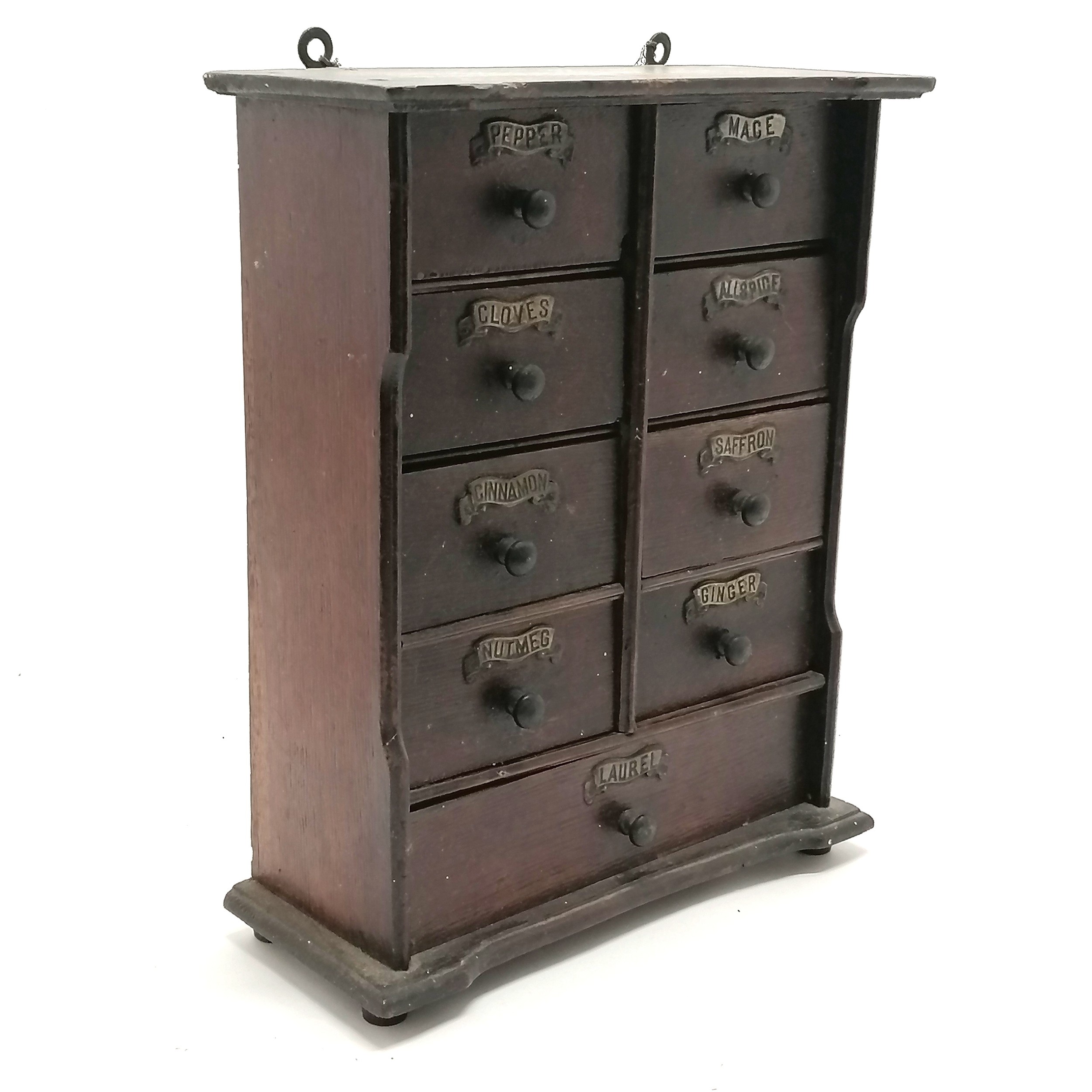 Antique wooden spice cabinet with 9 drawers & with original metal labels - 32cm high x 26cm wide x - Image 3 of 4
