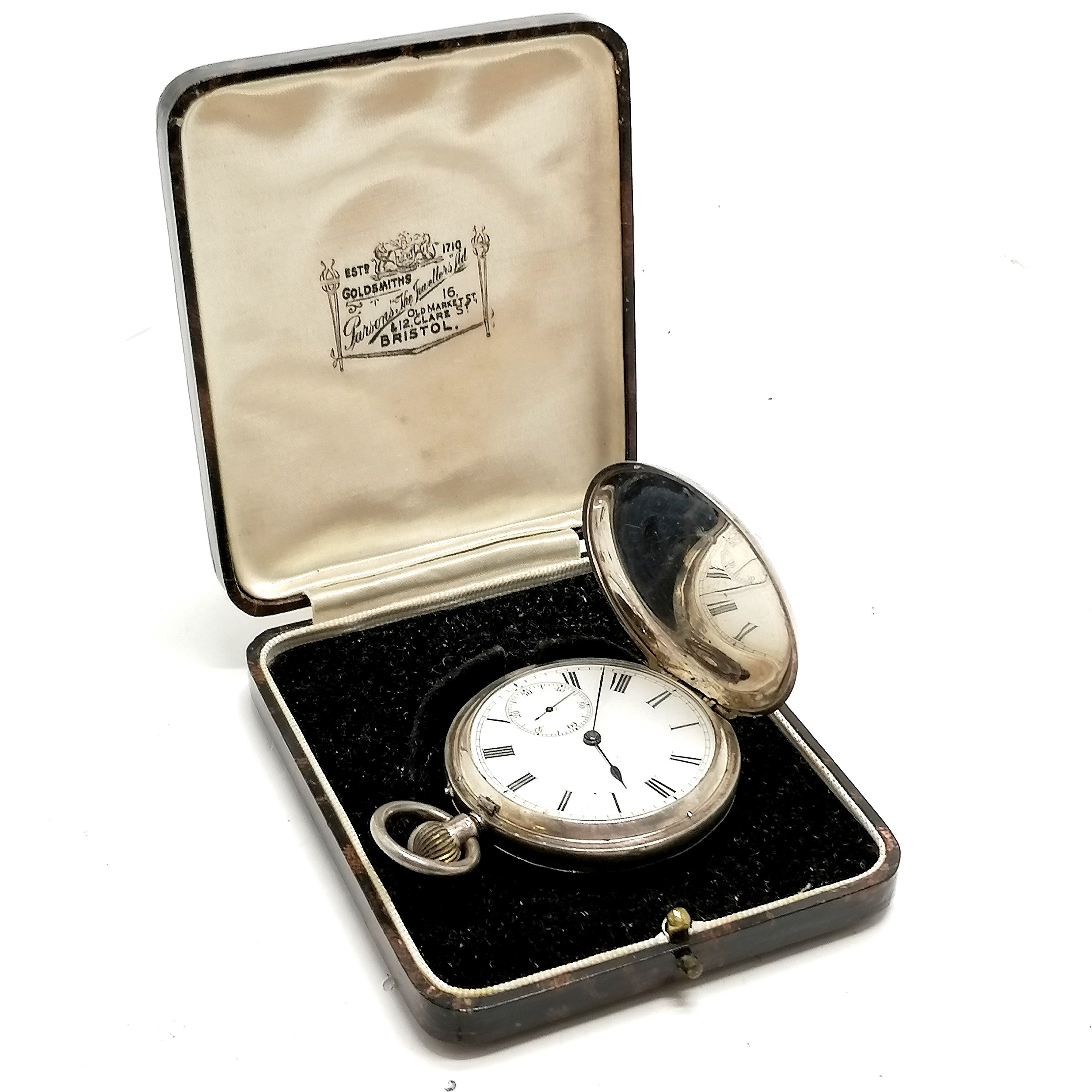 Antique silver full hunter pocket watch (48mm case) by Hall & Co (Manchester) in Parsons retail