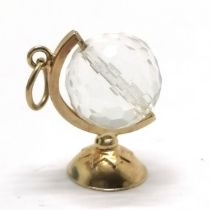 9ct hallmarked gold globe charm with crystal bead 2cm high 4g total weight