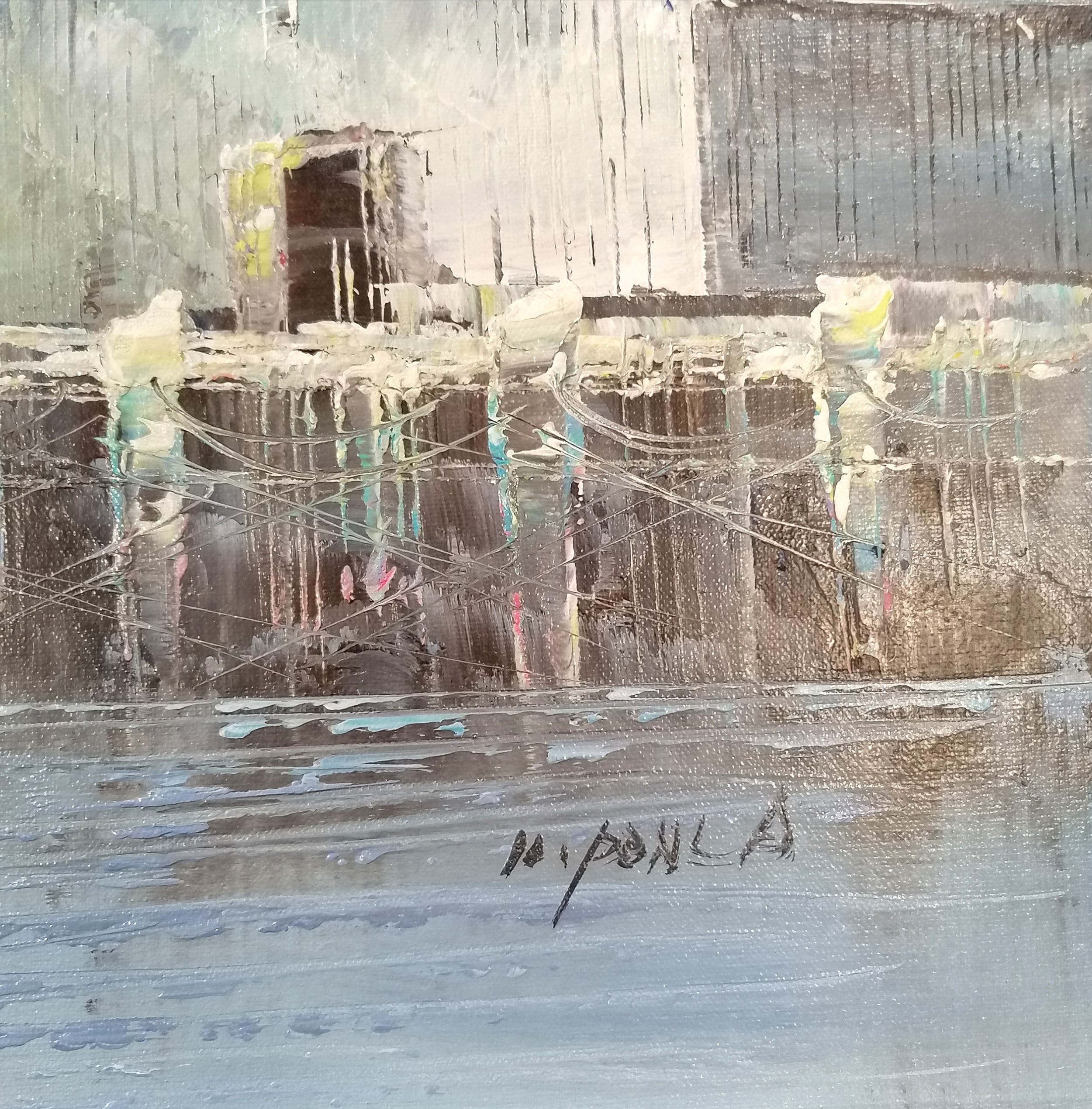 Signed oil painting on canvas of a fishing boat moored at quay - frame 62.5cm x 72.5cm - Image 2 of 2
