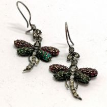 Pair of silver marked dragonfly earrings set with stones - total drop 4.5cm & 8.8g total weight -